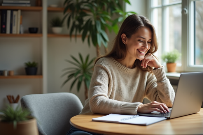 femme-travail-maison-ordinateur Jeune femme travaillant sur son ordinateur dans un espace lumineux