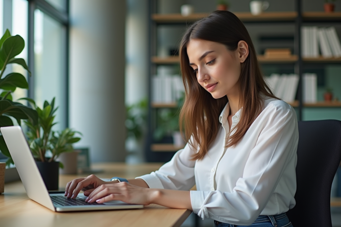 femme-travail-no-code Jeune femme professionnelle utilisant une plateforme no-code
