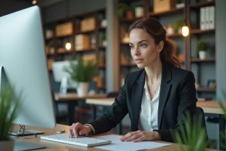 Femme en tenue professionnelle résolvant un problème informatique