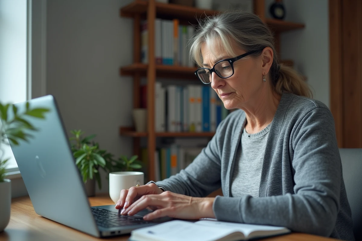 Femme consultant un tutoriel pour télécharger une image ISO Windows 7 sans virus depuis une source officielle