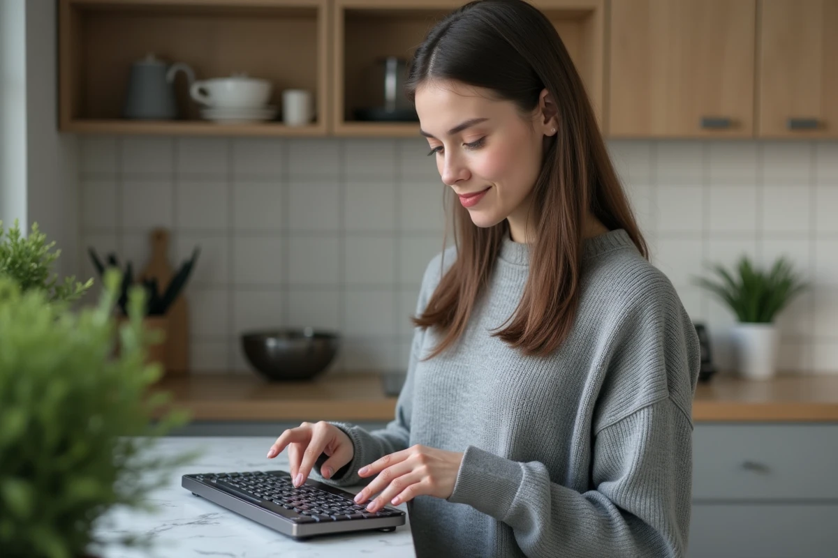 Jeune femme examinant un clavier USB dans la cuisine