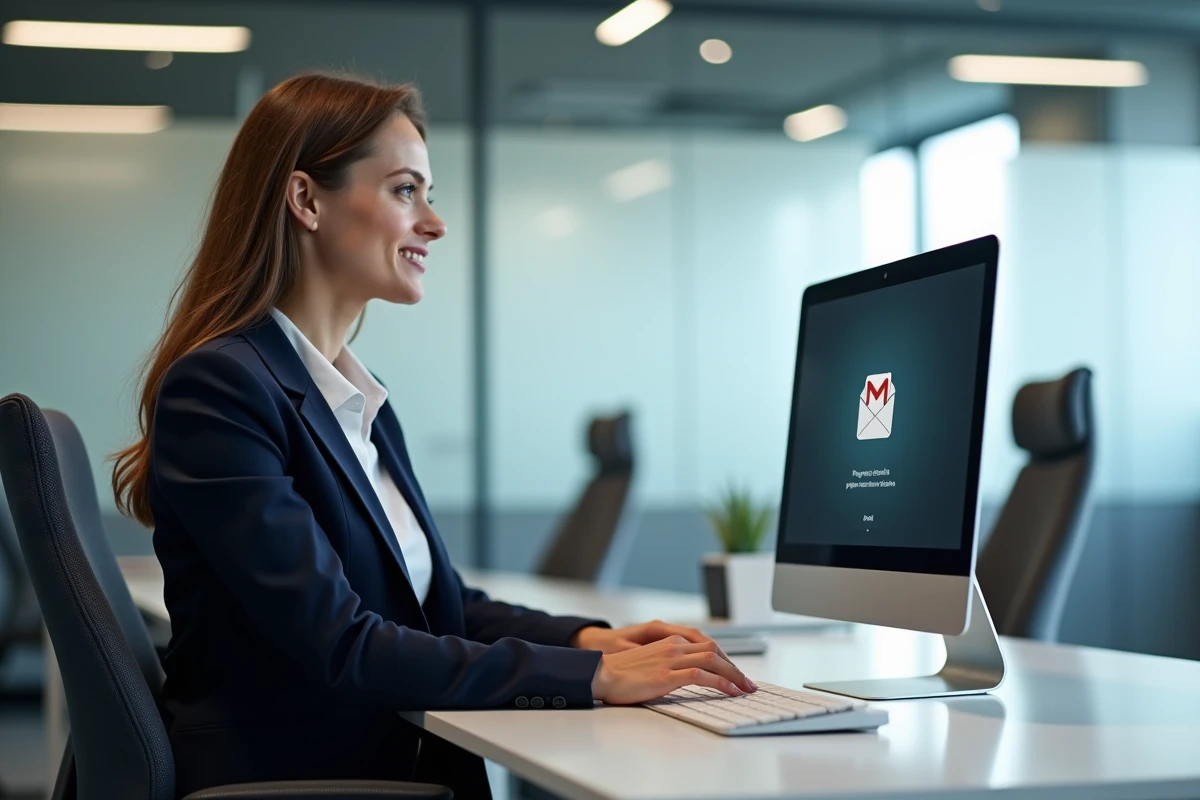 Femme en entreprise consultant sa messagerie webmail bloquée sur un ordinateur de bureau