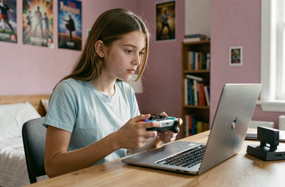 Adolescente consultant un tutoriel sur ordinateur portable pour résoudre un problème de synchronisation de manette Nintendo Switch Pro