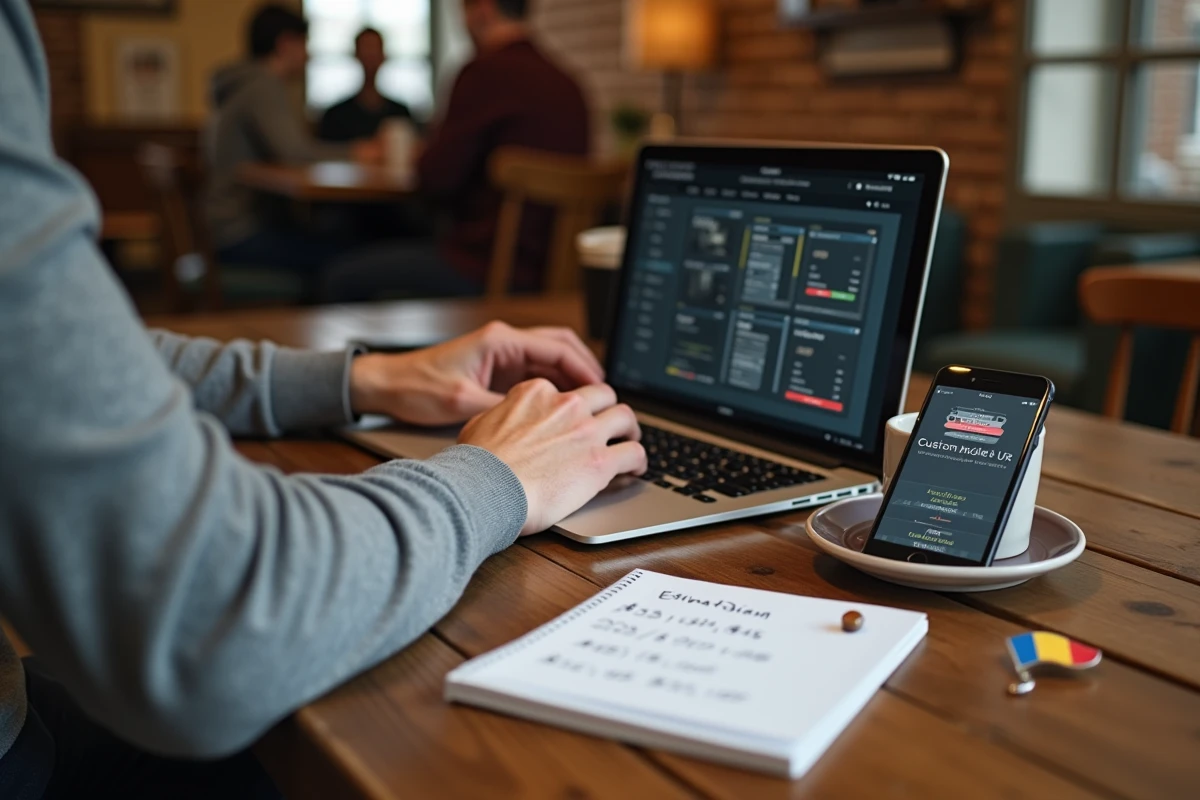 Développeur freelance roumain estimant les coûts d'une application mobile sur mesure dans un café de Bucarest