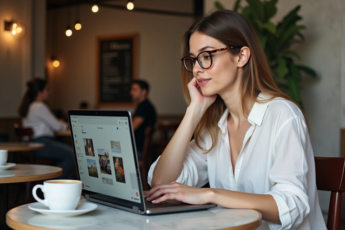 Jeune femme gérant sa bibliothèque Google Photos sur ordinateur portable dans un café urbain