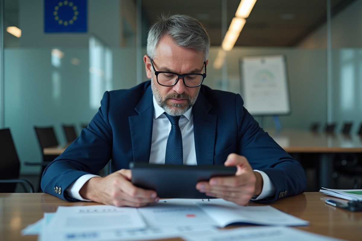 Homme gestionnaire de données en réunion avec documents et tablette