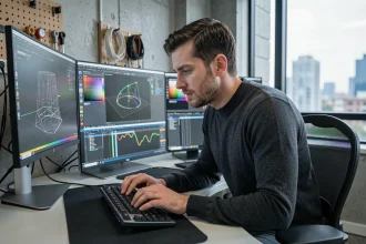 Graphiste 3D professionnel travaillant sur plusieurs écrans avec des logiciels de motion design dans un studio moderne