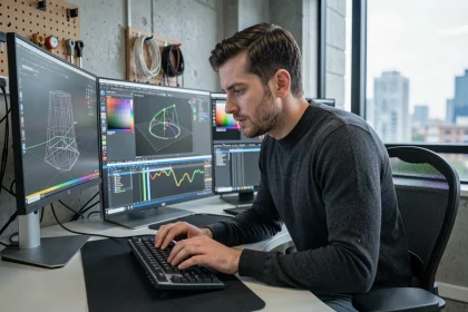 Graphiste 3D professionnel travaillant sur plusieurs écrans avec des logiciels de motion design dans un studio moderne