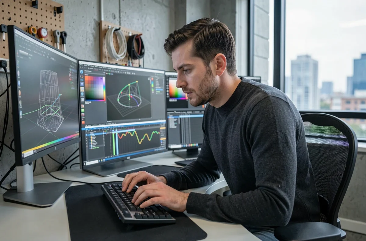 Graphiste 3D professionnel travaillant sur plusieurs écrans avec des logiciels de motion design dans un studio moderne