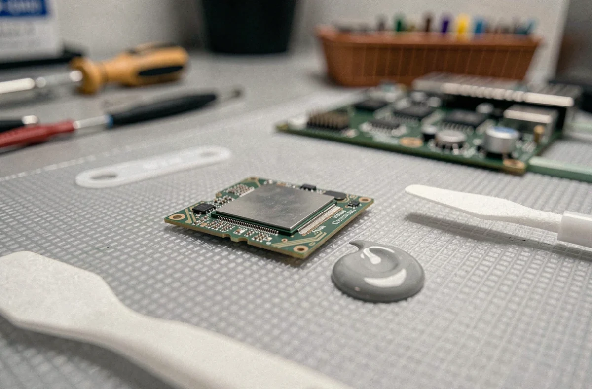 Gros plan sur le die GPU d'une carte RX avec pâte thermique et outils d'application sur tapis antistatique