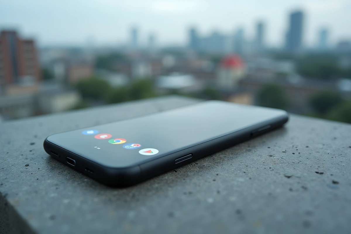 Gros plan du Google Pixel 6 posé sur béton en extérieur avec l'interface Android visible