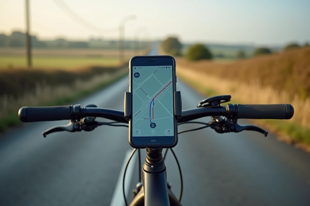 Gros plan sur un support RAM Mount X-Grip avec smartphone affichant la navigation GPS sur un vélo de route