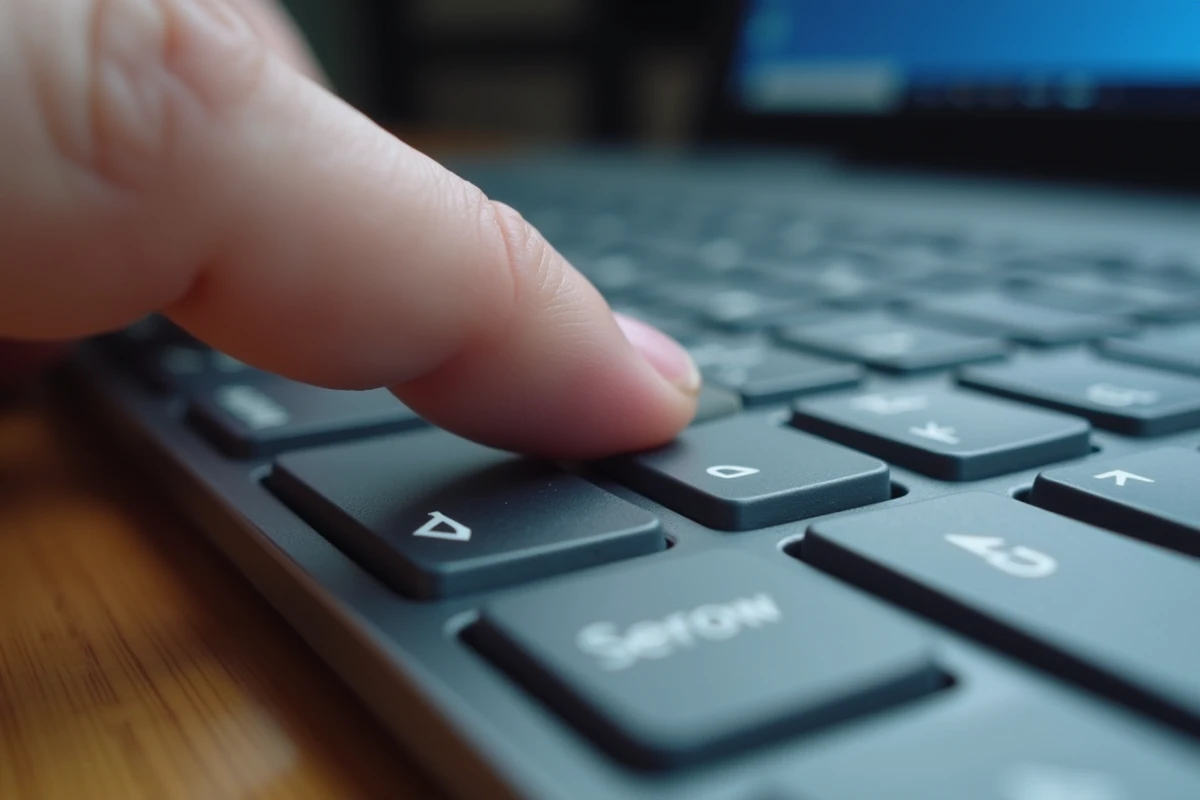 Gros plan sur les touches flèches d'un clavier Windows avec un doigt posé sur la touche bas