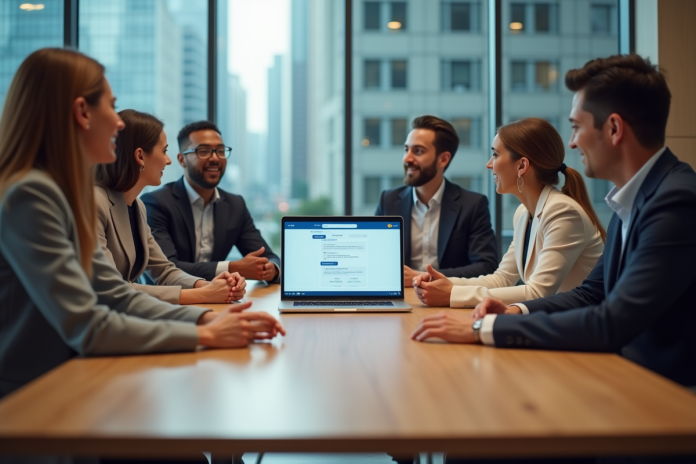 Groupe de collègues en réunion autour d'une table de bureau