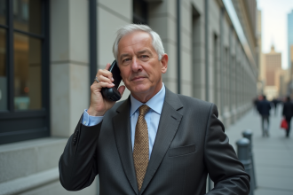 Homme d'affaires des années 80 avec téléphone vintage