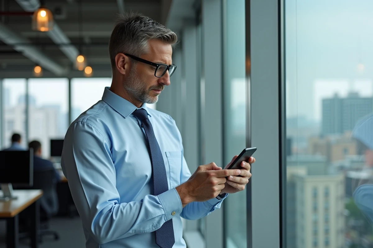 Homme d affaires regardant son smartphone dans un bureau urbain