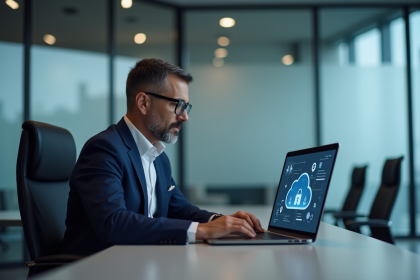 Homme d'affaires regardant icons de securite cloud sur un laptop