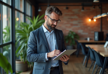 Nouvelles technologies et emploi : quel impact sur le marché du travail ? Homme d'affaires étudiant des données sur une tablette dans un espace coworking