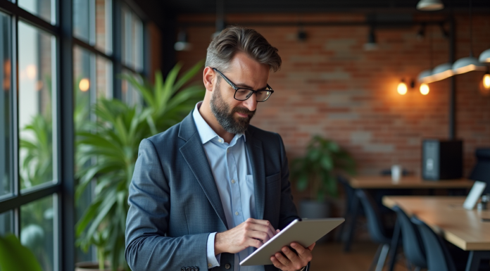 Homme d'affaires étudiant des données sur une tablette dans un espace coworking