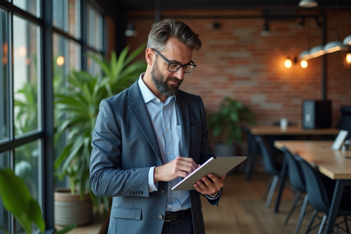 homme-affaires-tablet-coworking Homme d'affaires étudiant des données sur une tablette dans un espace coworking