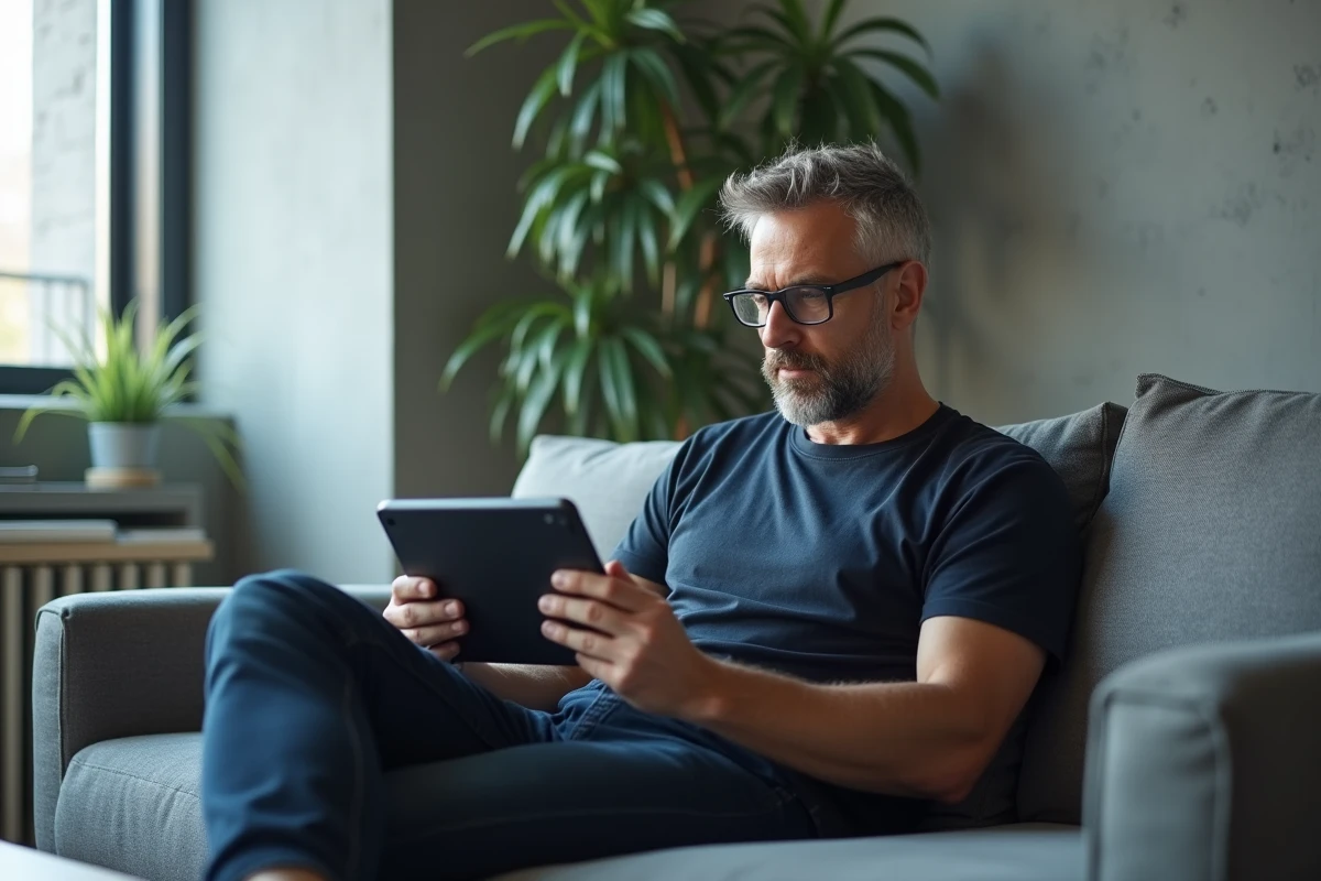 Homme utilisant l'application Kindle sur une tablette pour lire un livre numérique dans son salon