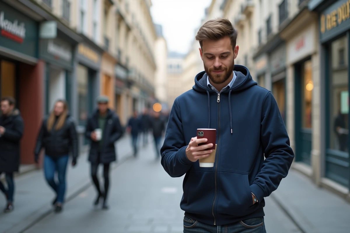 Homme consultant l'application RED&Moi sur iPhone en extérieur dans une rue française