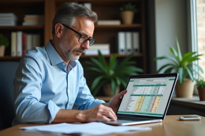 Homme d'&acirc;ge moyen analysant un tableau Excel dans son bureau