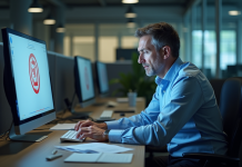 Inconvénients des points informatiques : 10 raisons à connaître Homme d'âge moyen au bureau face à un écran gelé