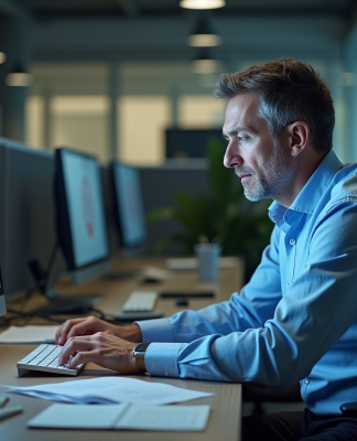 Homme d'âge moyen au bureau face à un écran gelé