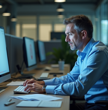 Homme d'âge moyen au bureau face à un écran gelé