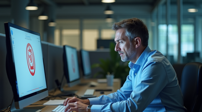 Homme d'âge moyen au bureau face à un écran gelé