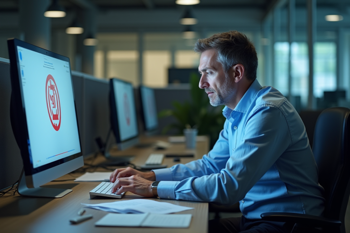 homme-bureau-ecran-freze Homme d'âge moyen au bureau face à un écran gelé