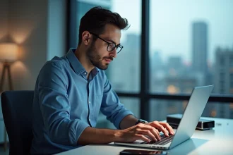 Homme au bureau moderne utilisant son ordinateur portable