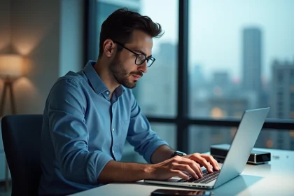 Homme au bureau moderne utilisant son ordinateur portable