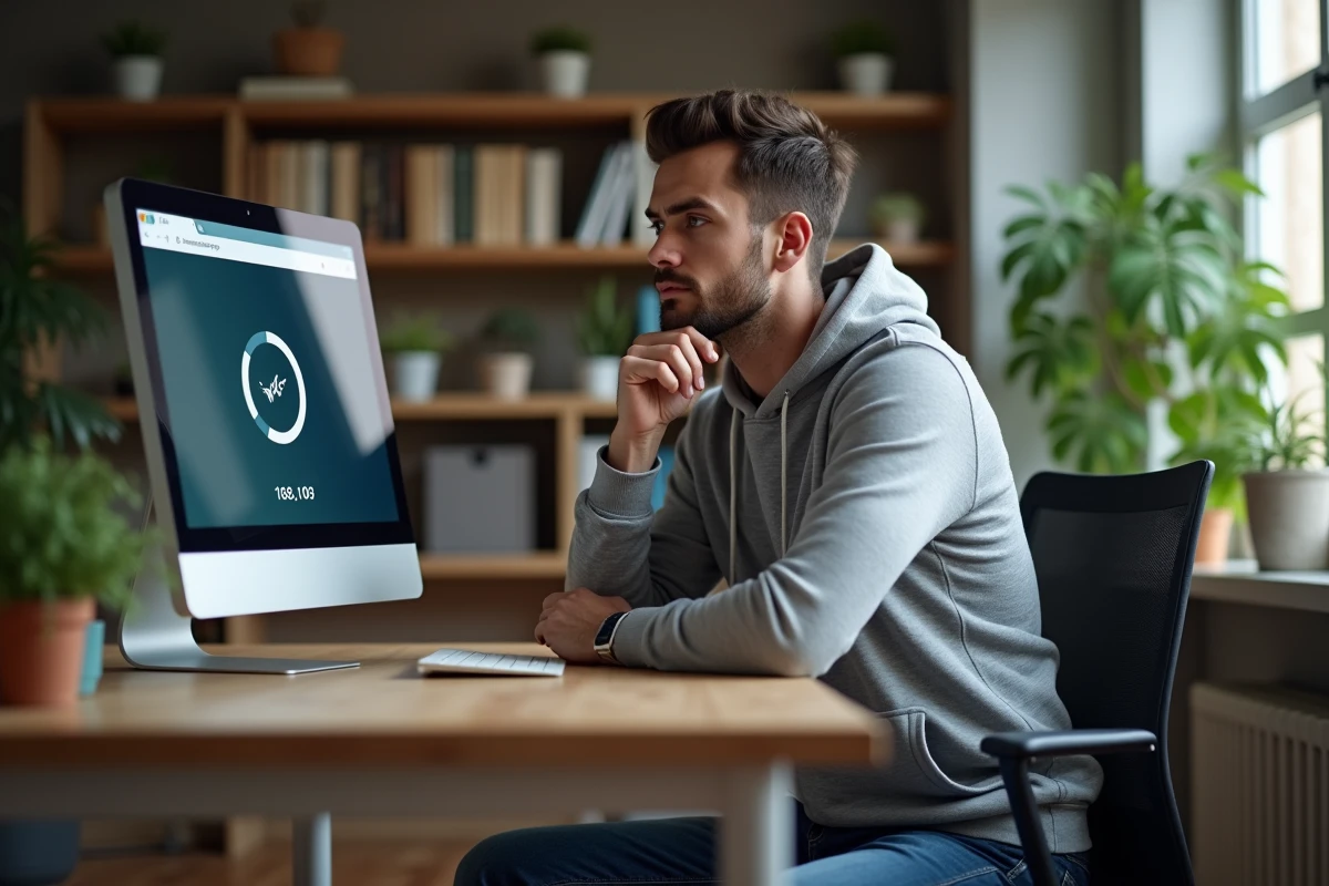 Homme en bureau regardant un écran de chargement