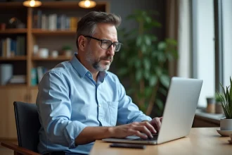 Homme d'âge moyen utilisant son ordinateur portable dans un appartement cosy