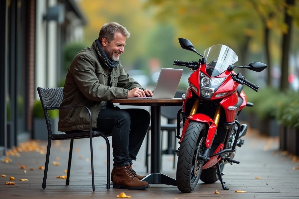 Homme au café utilisant Google Maps à côté de sa moto rouge