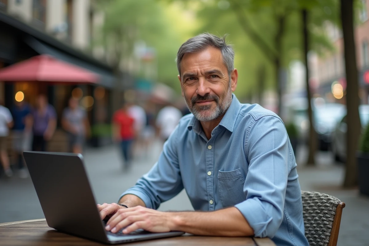 Homme d age moyen travaillant au caf&eacute; avec son ordinateur