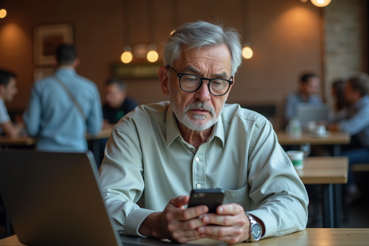 Homme lisant un message de sécurité sur son smartphone au café