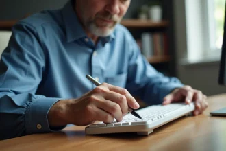 Homme concentré utilisant un clavier USB avec touche manquante