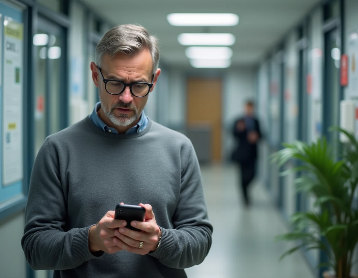 Homme en couloir universitaire consultant la réinitialisation de son mot de passe de messagerie académique sur smartphone