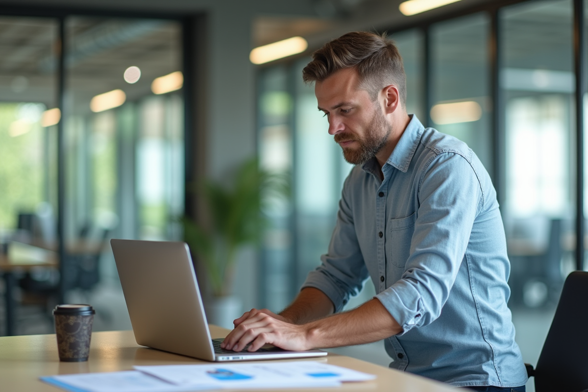 Homme d affaires travaillant sur un laptop dans un espace de coworking