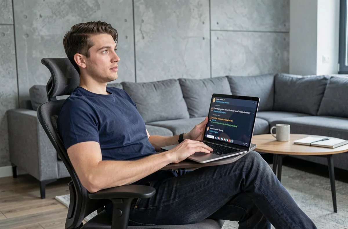 Homme jeune consultant Discord sur un laptop dans un salon moderne avec du texte en markdown