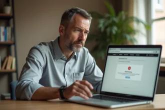 Homme frustré devant un ordinateur portable affichant une erreur de connexion à sa messagerie webmail