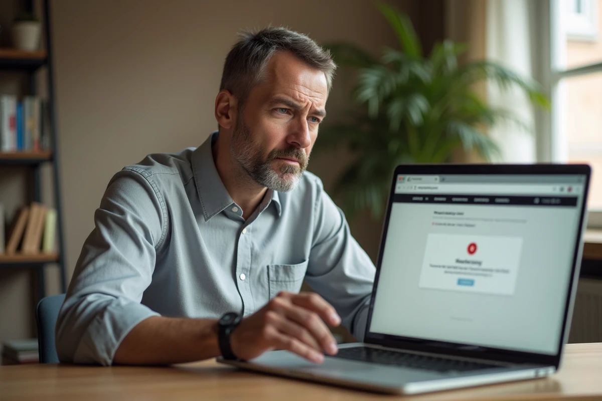 Homme frustré devant un ordinateur portable affichant une erreur de connexion à sa messagerie webmail
