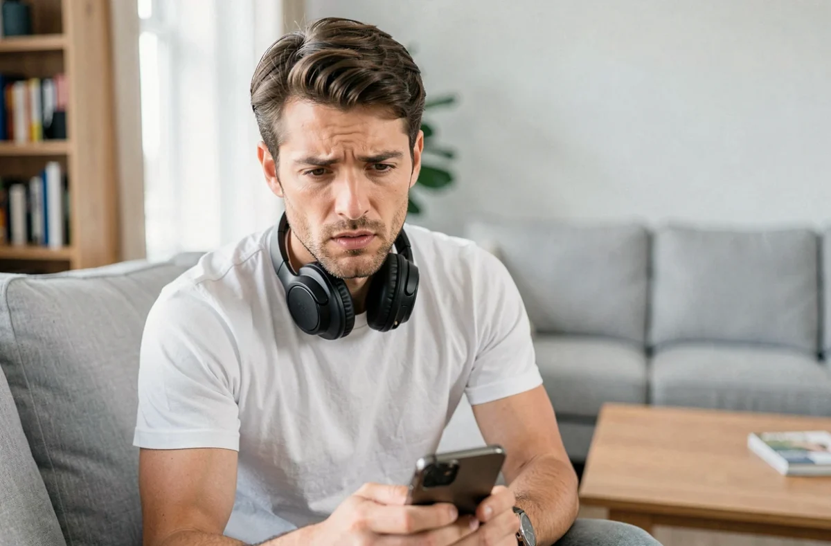 Homme avec écouteurs évaluant une application de conversion MP3 depuis YouTube sur smartphone