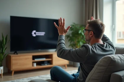 Homme frustré devant sa télévision Orange affichant l'erreur L11-09 dans un salon moderne
