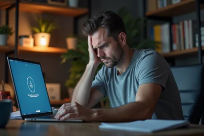 Homme frustré devant un écran d'ordinateur portable affichant une erreur de chargement, symbolisant un hébergeur web lent ou en panne