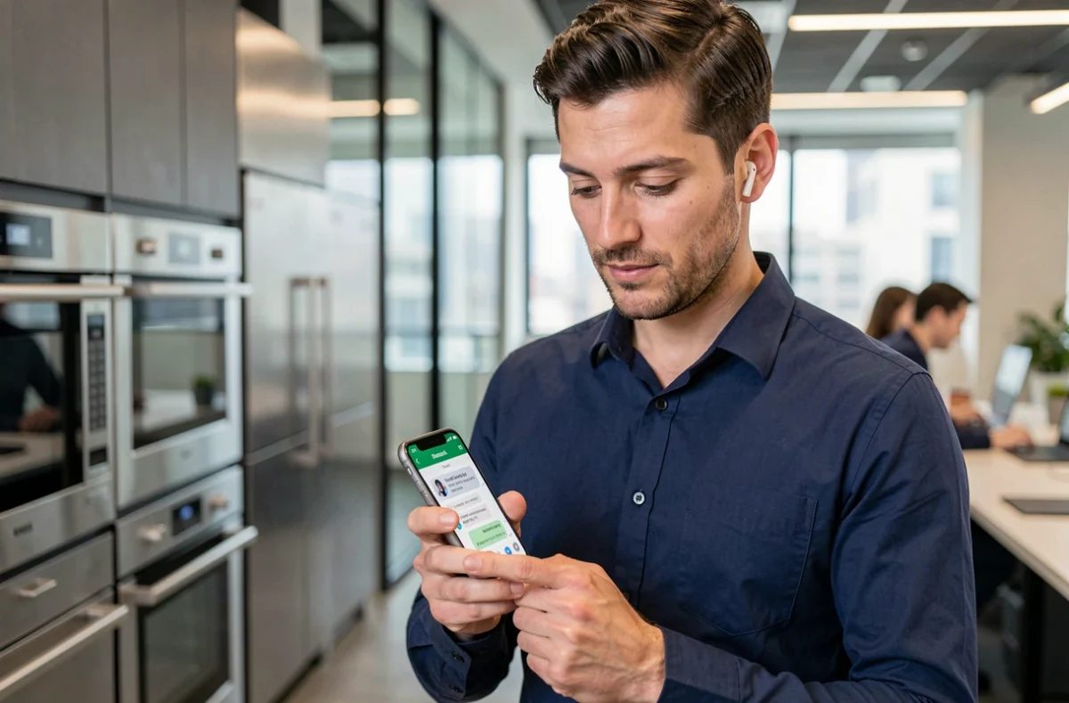 Homme utilisant une intégration ChatGPT WhatsApp sur smartphone dans un bureau moderne