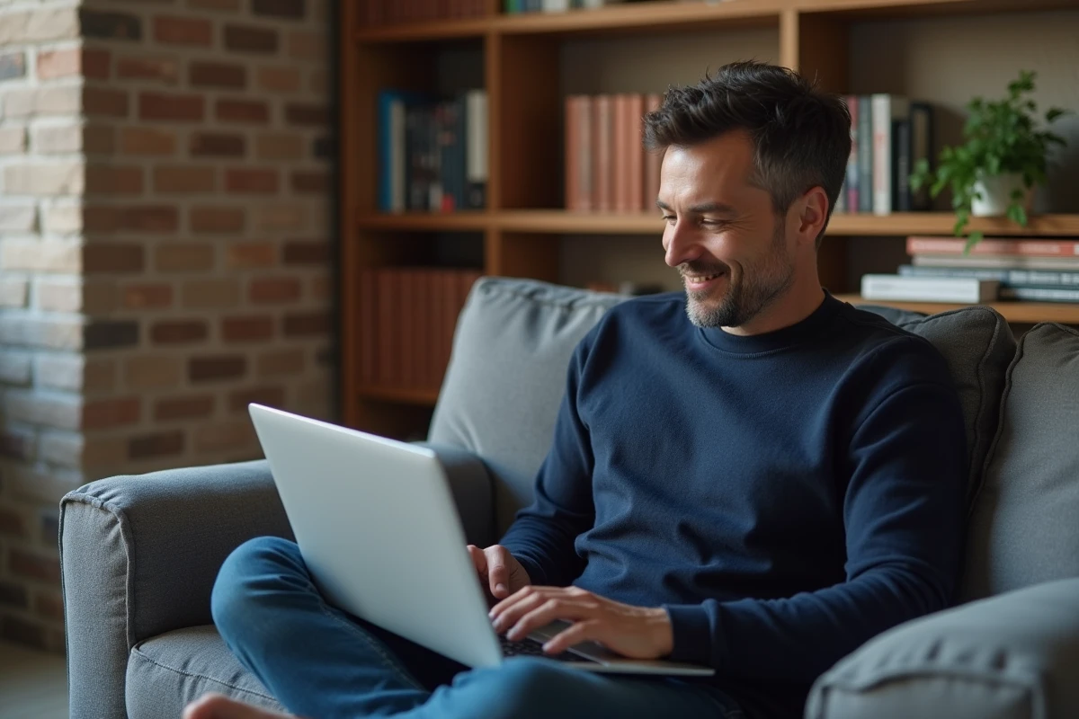 Homme lisant un article sur l'intelligence artificielle et les tendances de blog sur un ordinateur portable dans un bureau à domicile